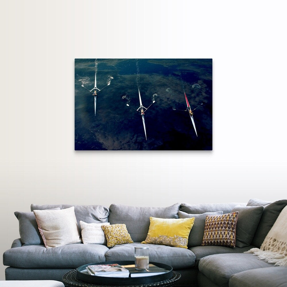 "People rowing sculling boats on river" Canvas Wall Art