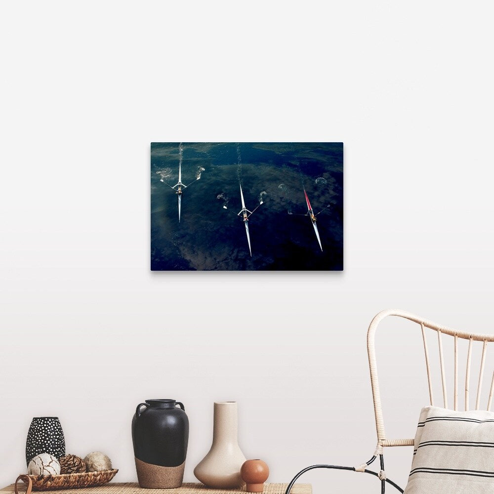 "People rowing sculling boats on river" Canvas Wall Art