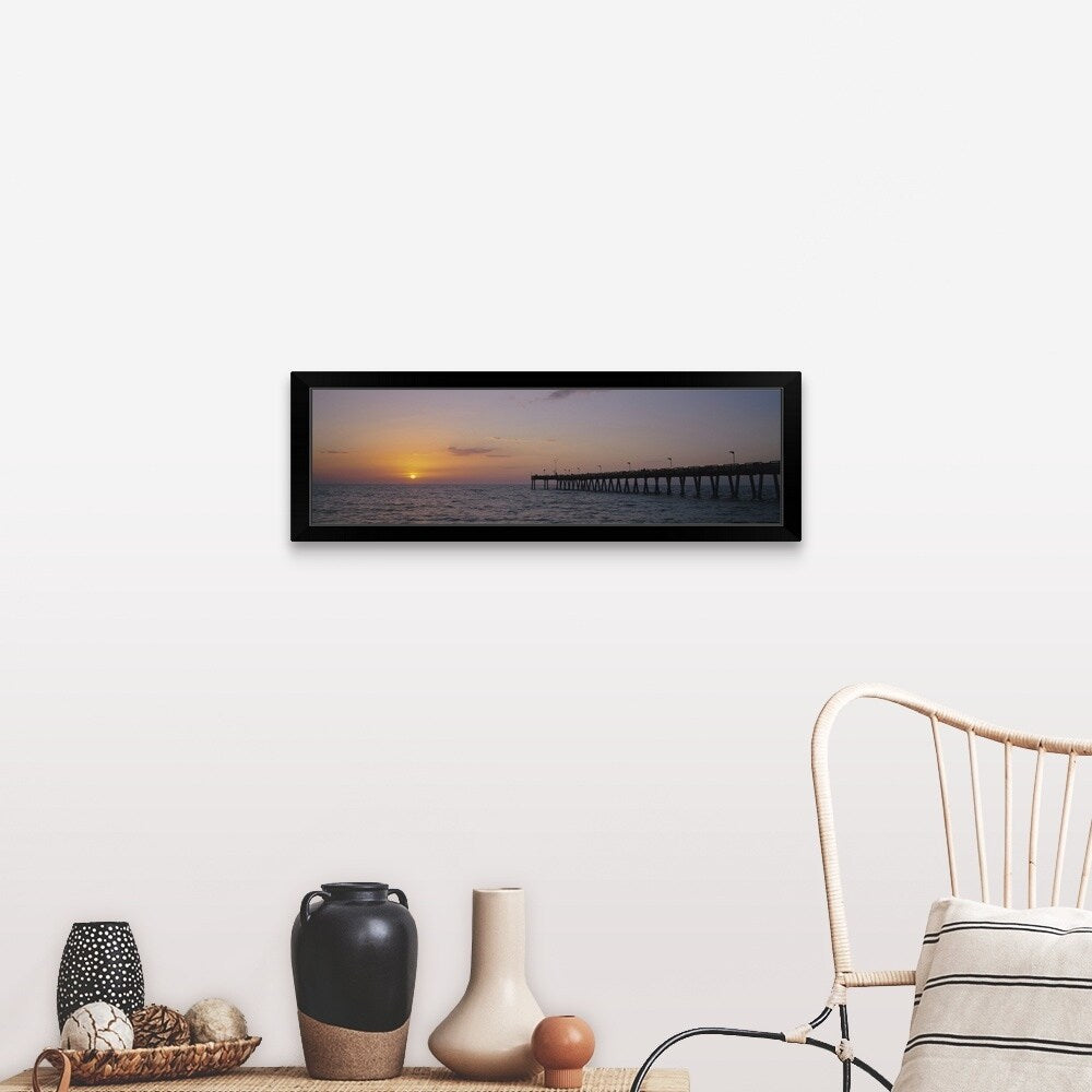 "Pier at sunset, Gulf of Mexico, Venice, Florida" Black Framed Print
