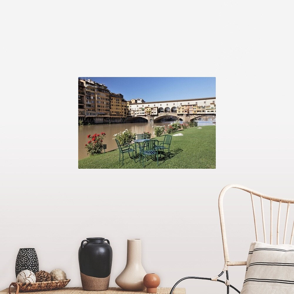 "Ponte Vecchio and table along Arno River" Poster Print - Multi