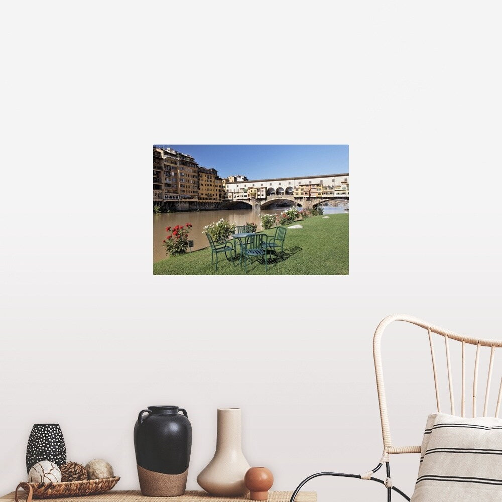 "Ponte Vecchio and table along Arno River" Poster Print - Multi