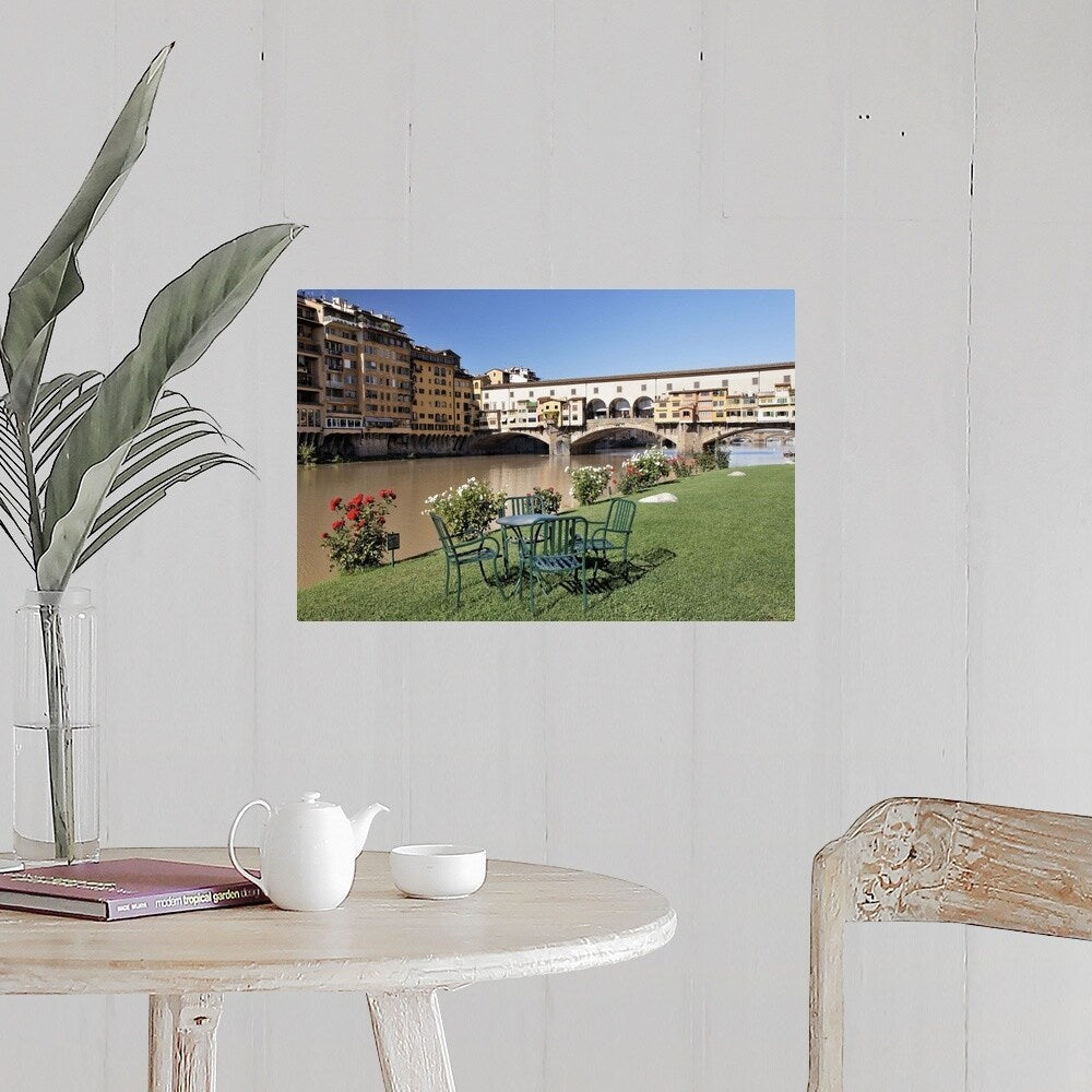 "Ponte Vecchio and table along Arno River" Poster Print - Multi