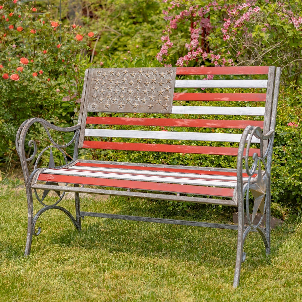 "Proud to Be an American" Flag Iron Garden Bench - 45.28" L x 20.47" W x 37" H