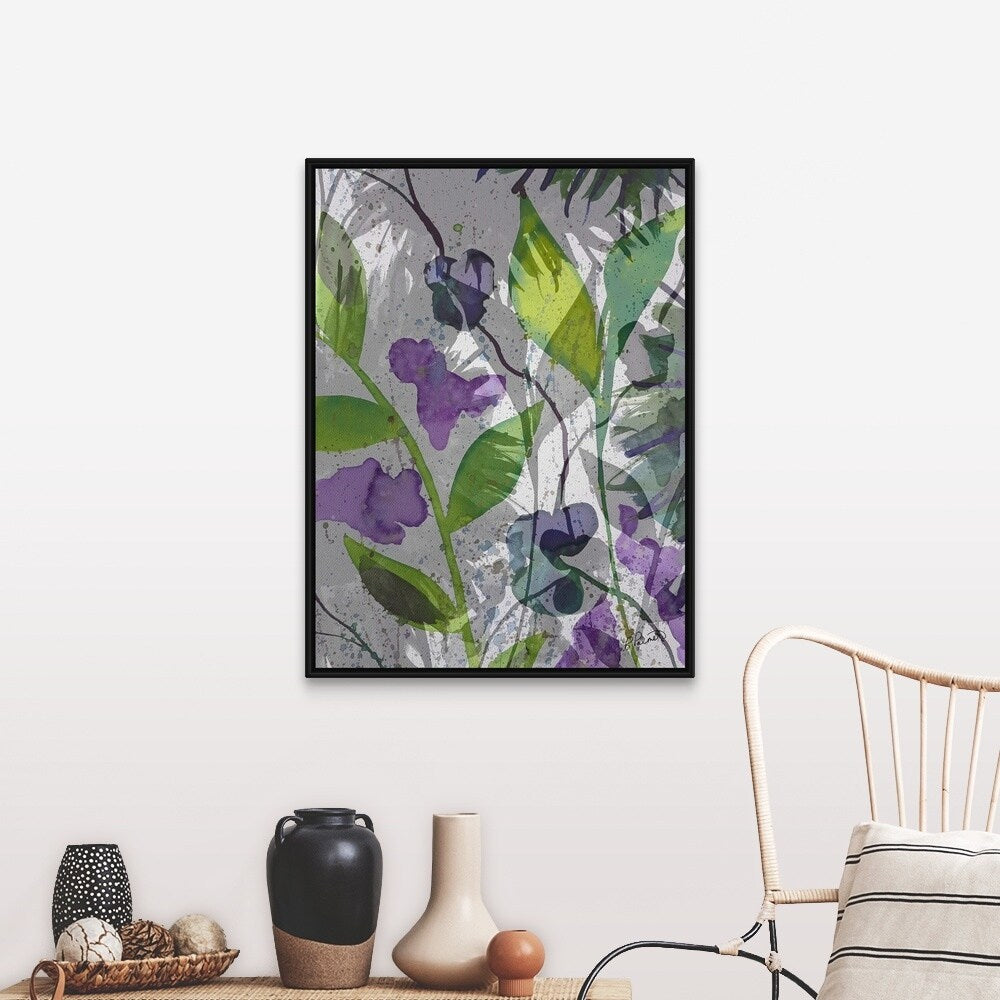 "Purple Green Floral Merge" Black Float Frame Canvas Art