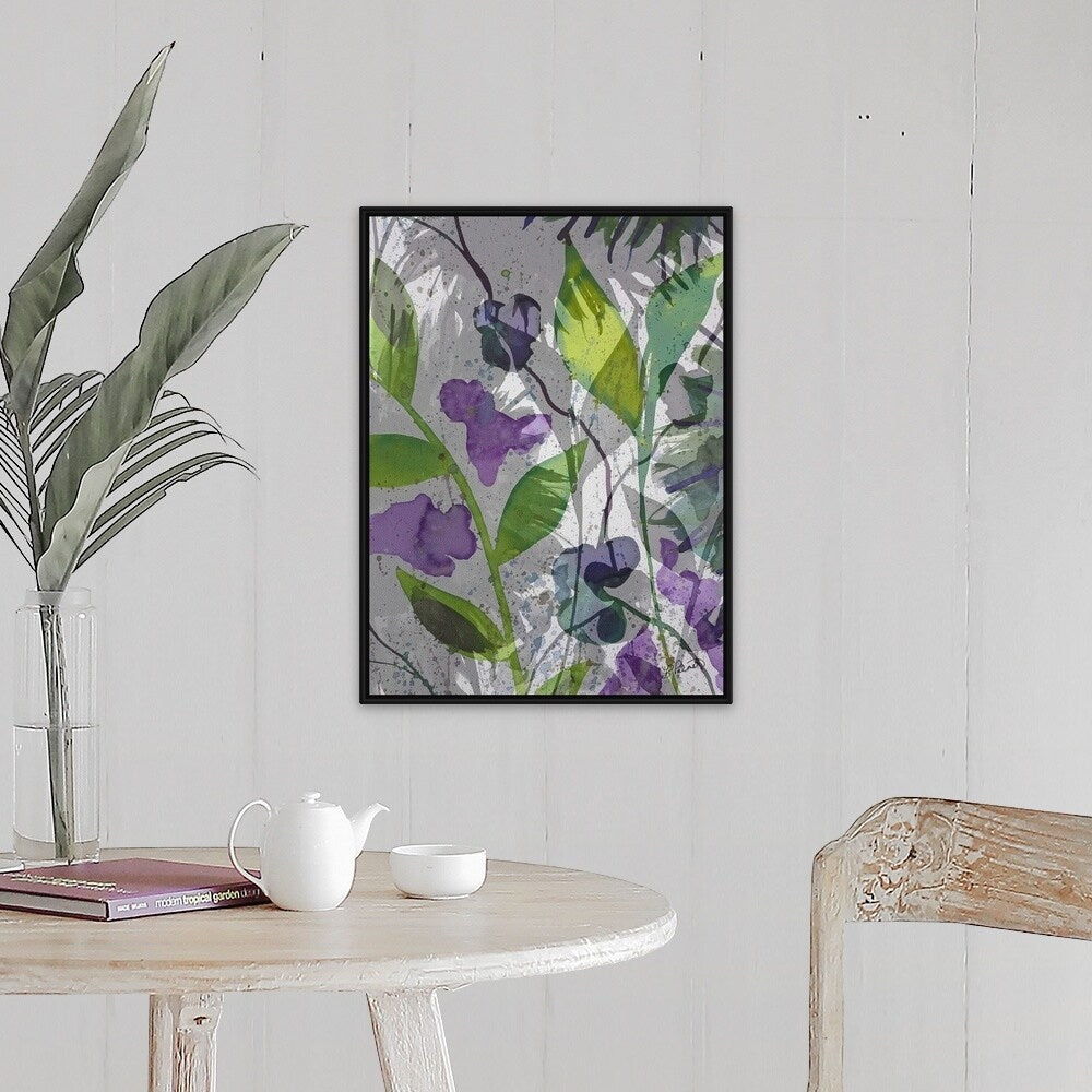 "Purple Green Floral Merge" Black Float Frame Canvas Art