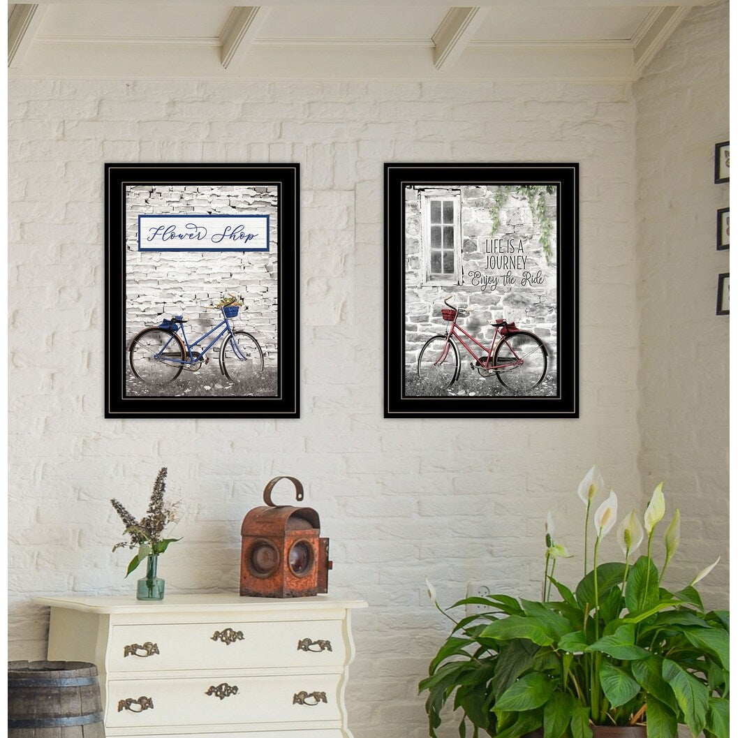 "Romantic Bicycles" 2-Piece Vignette by Lori Deiter, Black Frame - Earthtone