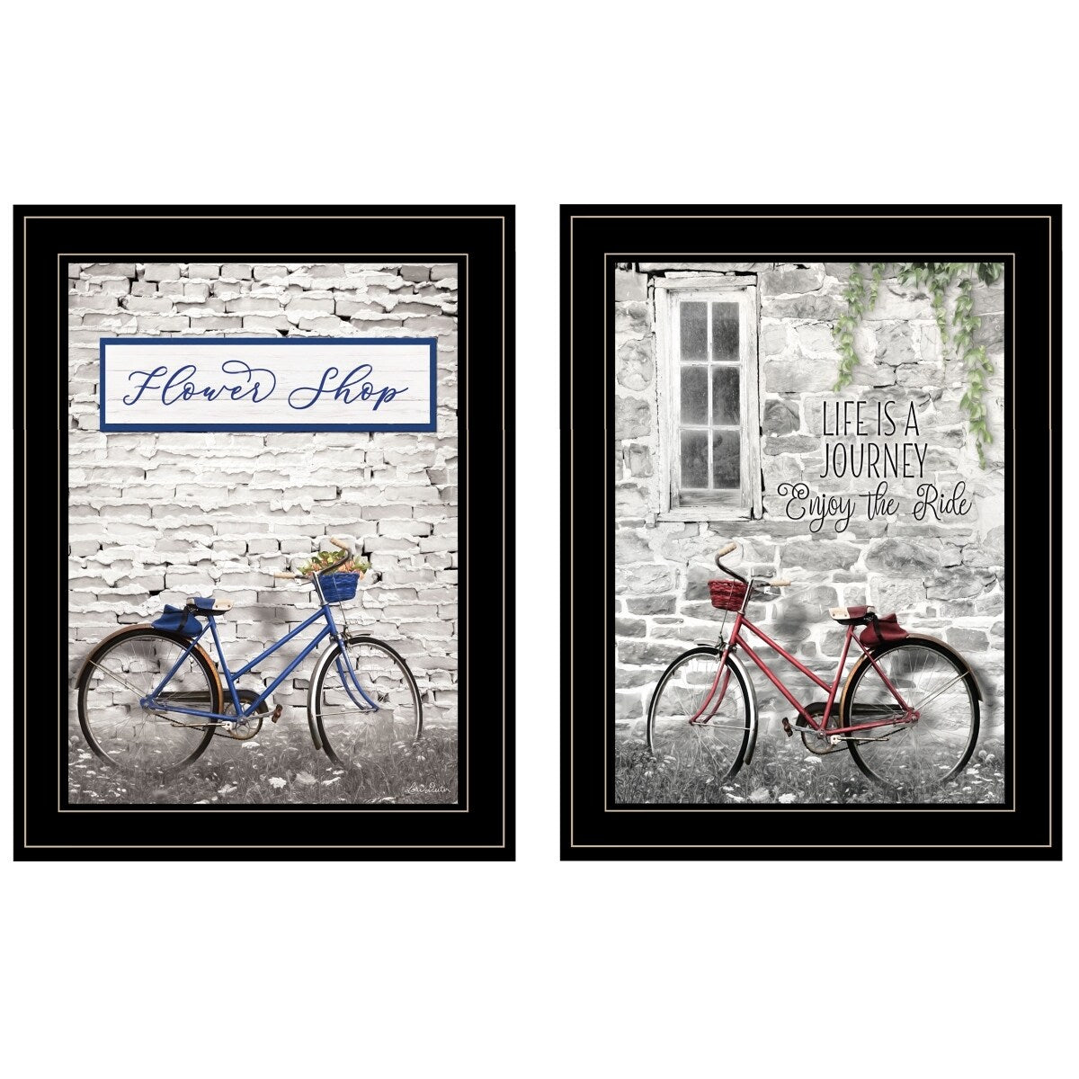 "Romantic Bicycles" 2-Piece Vignette by Lori Deiter, Black Frame - Earthtone