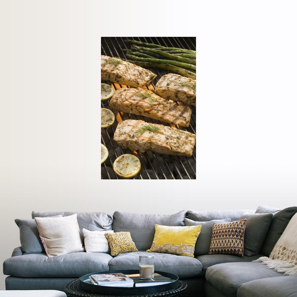 "Seasoned salmon and asparagus cooking on grill" Poster Print - Multi