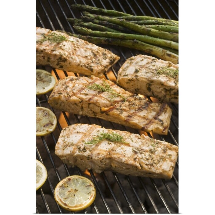 "Seasoned salmon and asparagus cooking on grill" Poster Print - Multi