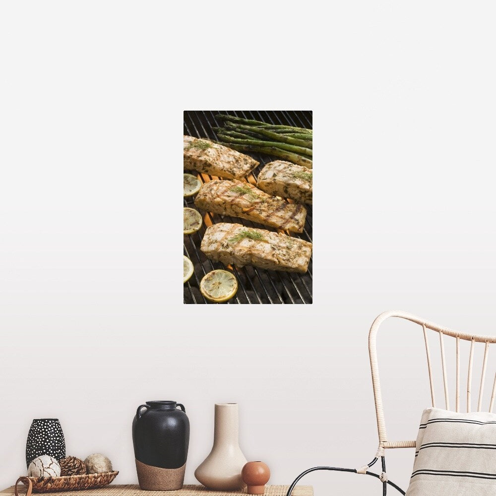 "Seasoned salmon and asparagus cooking on grill" Poster Print - Multi