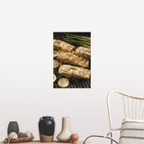 "Seasoned salmon and asparagus cooking on grill" Poster Print - Multi