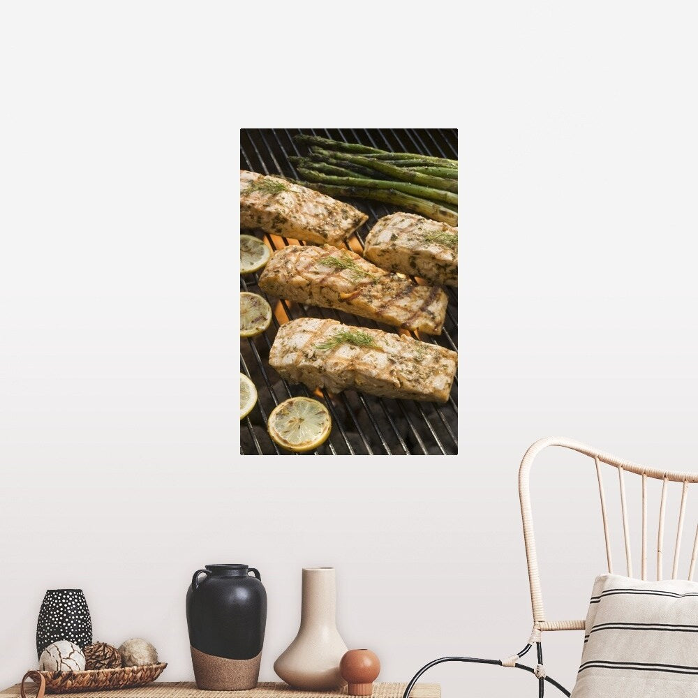 "Seasoned salmon and asparagus cooking on grill" Poster Print - Multi