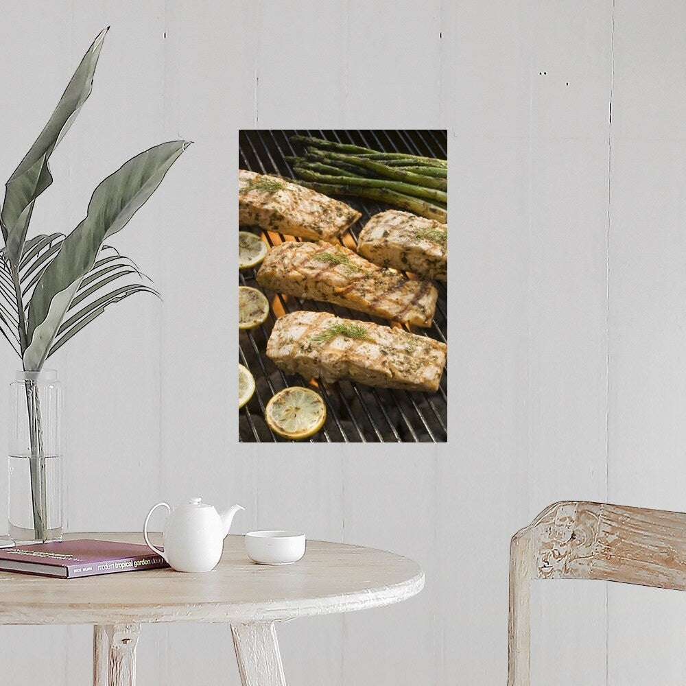 "Seasoned salmon and asparagus cooking on grill" Poster Print - Multi