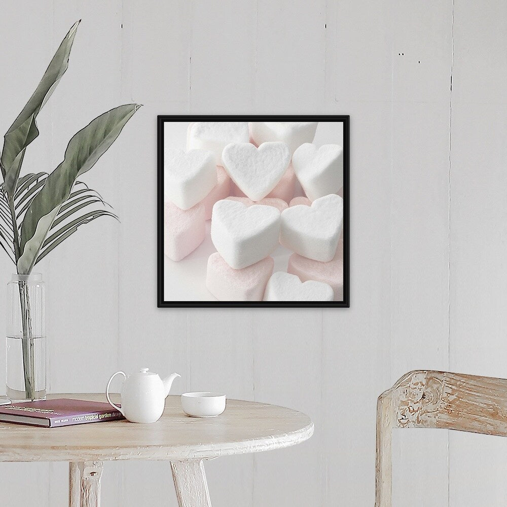 "Selection of pink and white heart shaped marshmallows." Black Float Frame Canvas Art