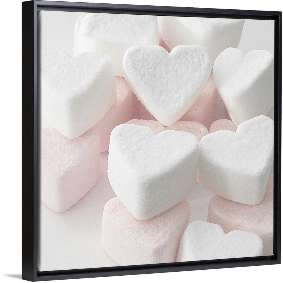 "Selection of pink and white heart shaped marshmallows." Black Float Frame Canvas Art