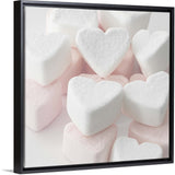"Selection of pink and white heart shaped marshmallows." Black Float Frame Canvas Art