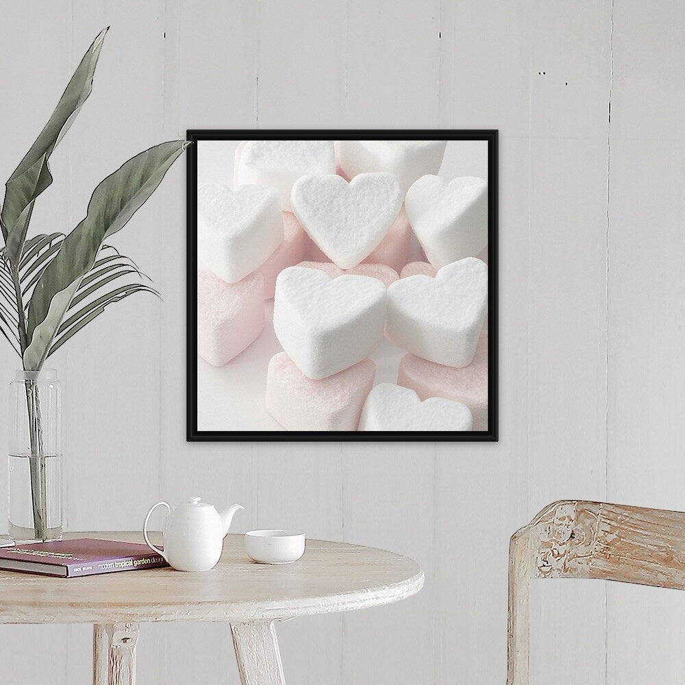 "Selection of pink and white heart shaped marshmallows." Black Float Frame Canvas Art