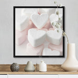 "Selection of pink and white heart shaped marshmallows." Black Float Frame Canvas Art