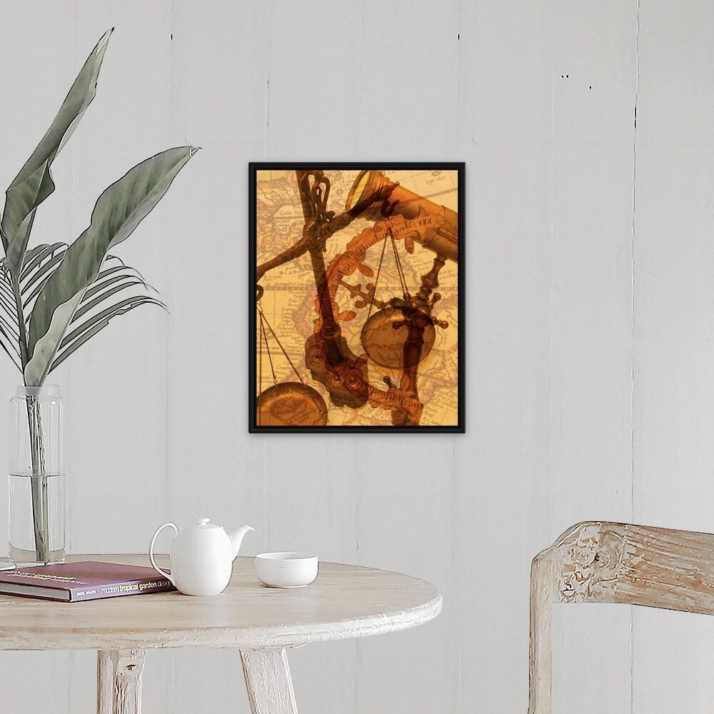 "Sextant, weight scales and a map" Black Float Frame Canvas Art
