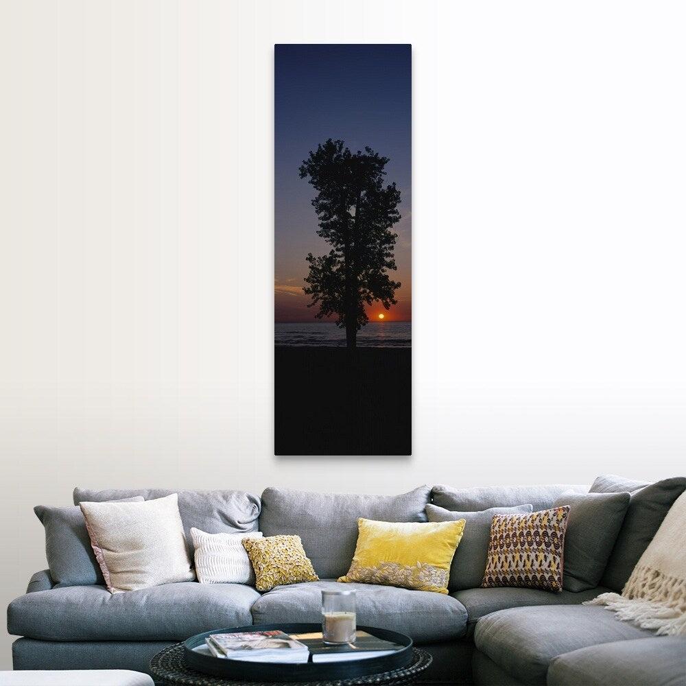 "Silhouette of a cotton wood tree at sunrise, Lake Erie, Michigan" Canvas Wall Art