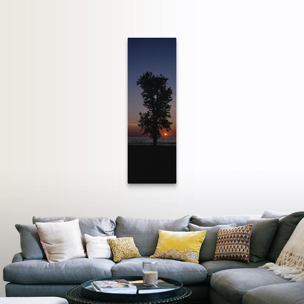 "Silhouette of a cotton wood tree at sunrise, Lake Erie, Michigan" Canvas Wall Art