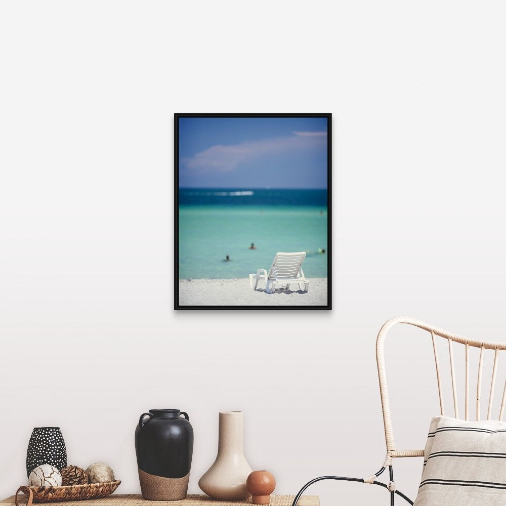"Single Beach Chair Miami Beach FL" Black Float Frame Canvas Art