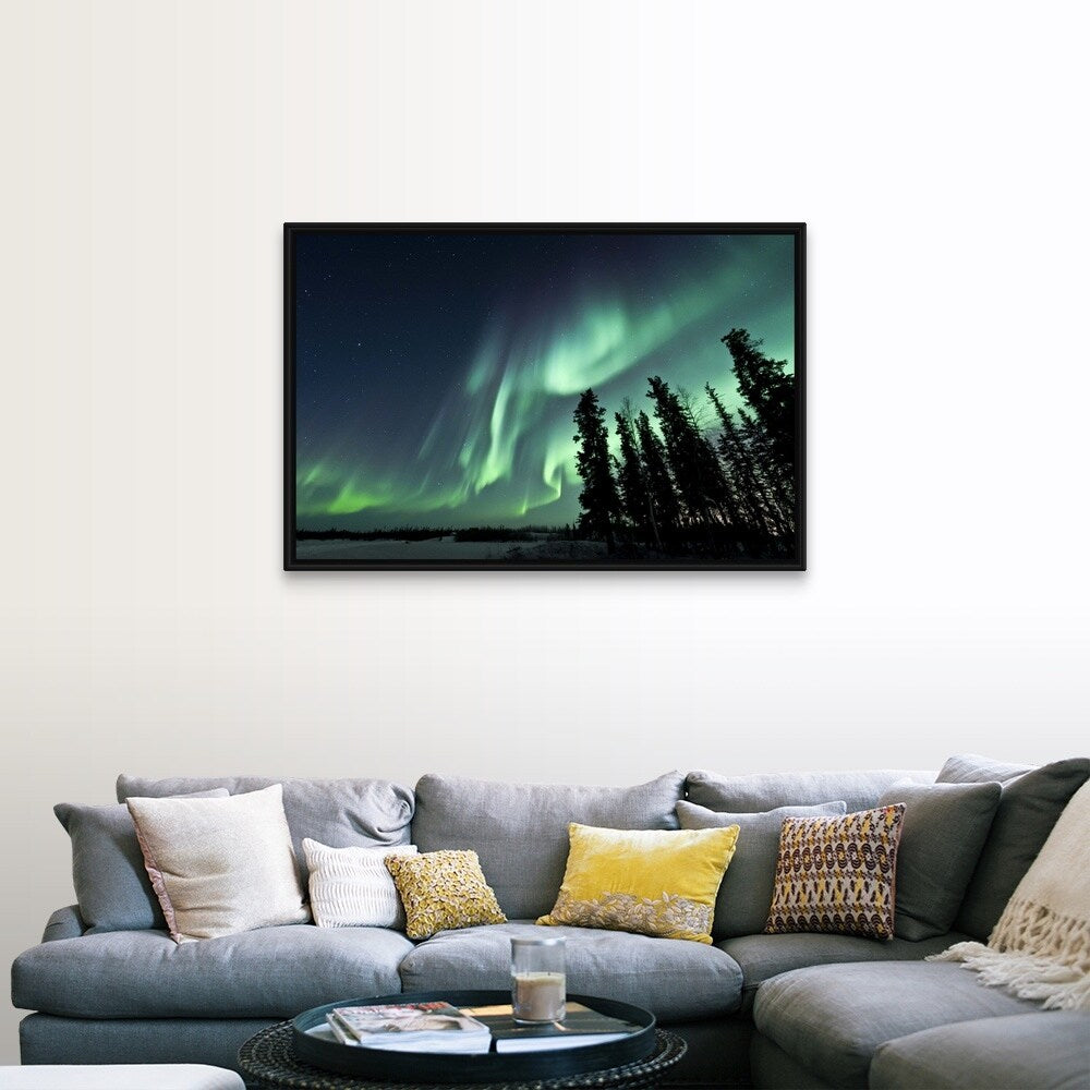 "Strong aurora over Walsh Lake, Northwest Territories, Canada." Black Float Frame Canvas Art