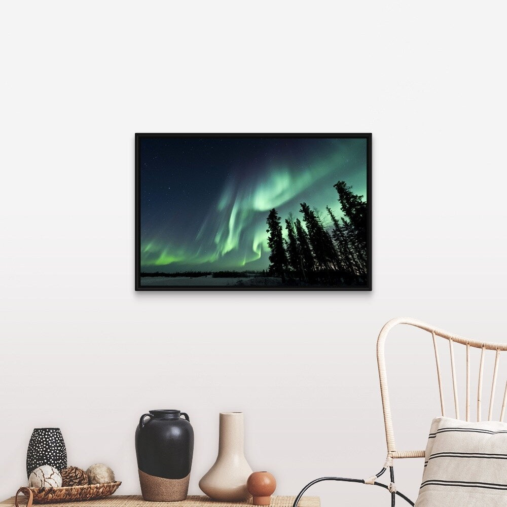 "Strong aurora over Walsh Lake, Northwest Territories, Canada." Black Float Frame Canvas Art