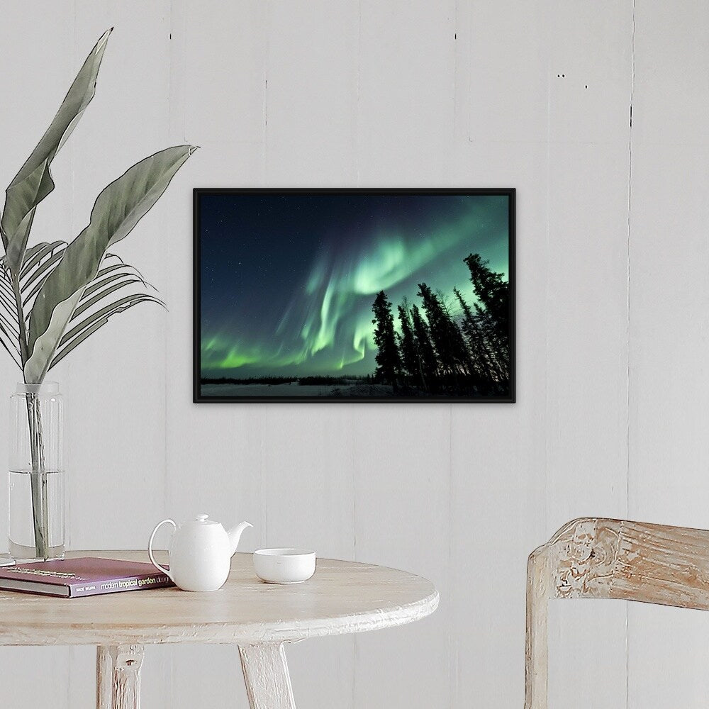 "Strong aurora over Walsh Lake, Northwest Territories, Canada." Black Float Frame Canvas Art
