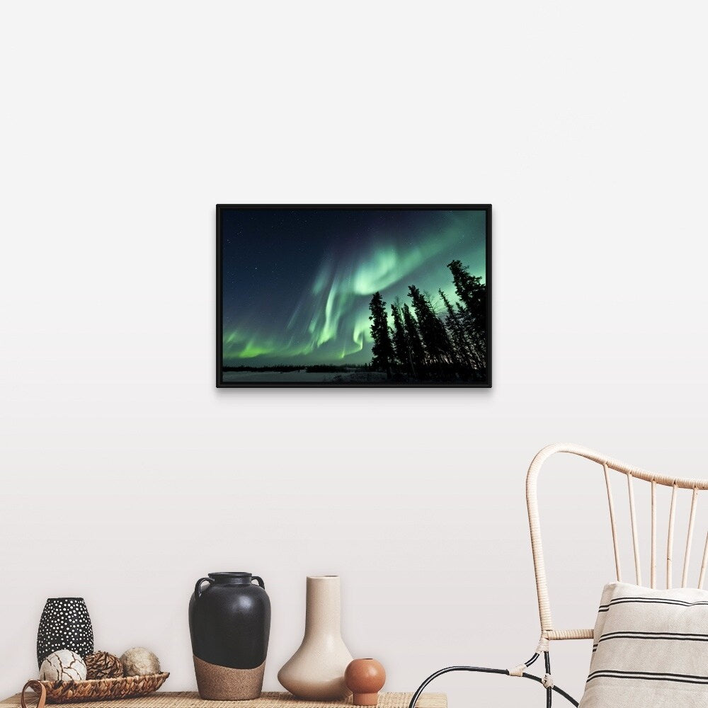 "Strong aurora over Walsh Lake, Northwest Territories, Canada." Black Float Frame Canvas Art