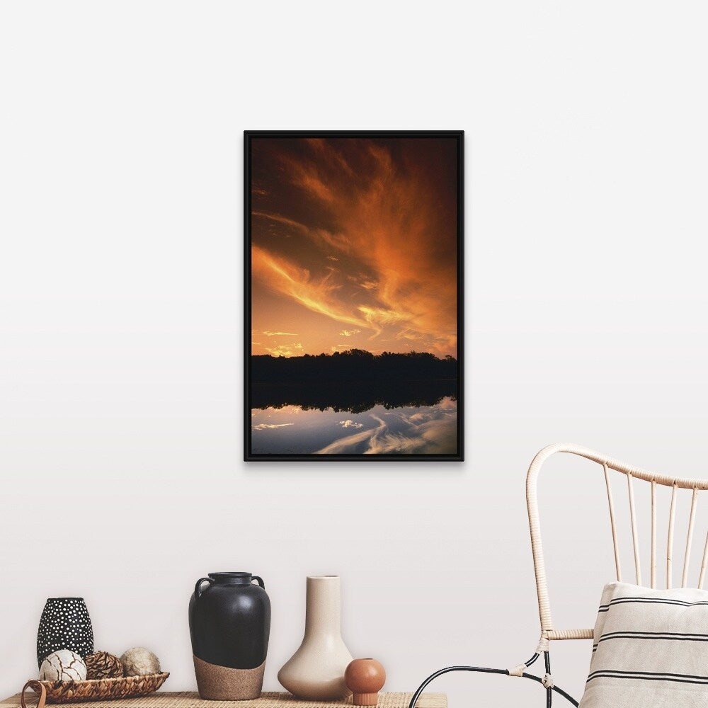 "Sunset over Quanah Parker Lake, Wichita Mountains Wildlife Refuge" Black Float Frame Canvas Art