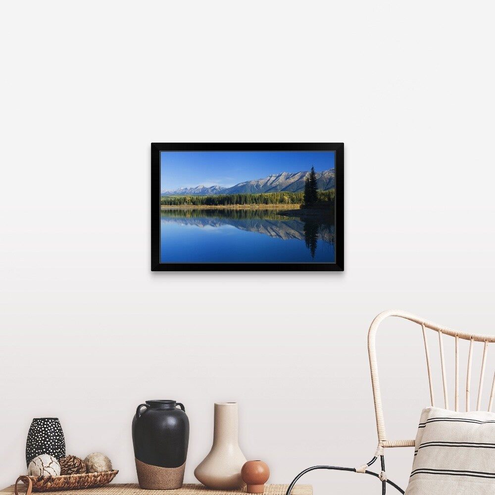 "Swan Mountain Range reflecting in calm water of Rainy Lake, Seeley Swan Valley, Montana" Black Framed Print