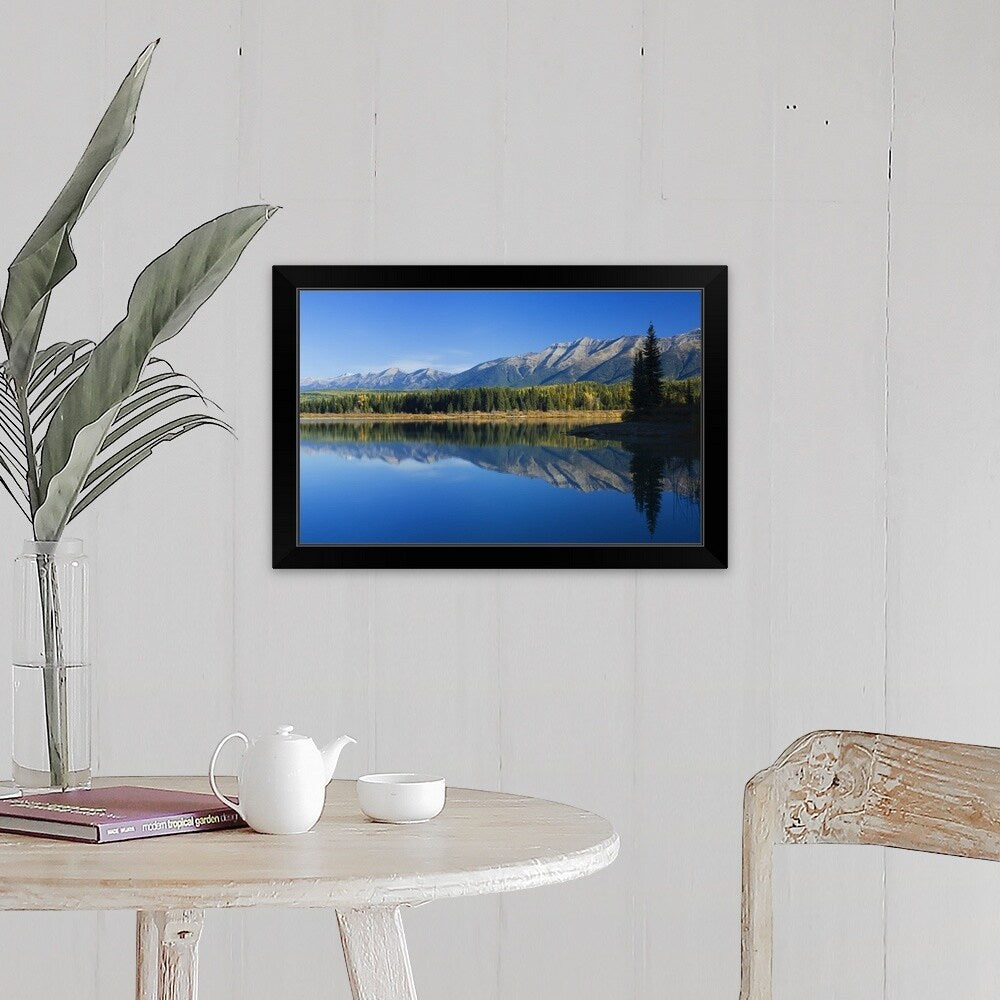 "Swan Mountain Range reflecting in calm water of Rainy Lake, Seeley Swan Valley, Montana" Black Framed Print