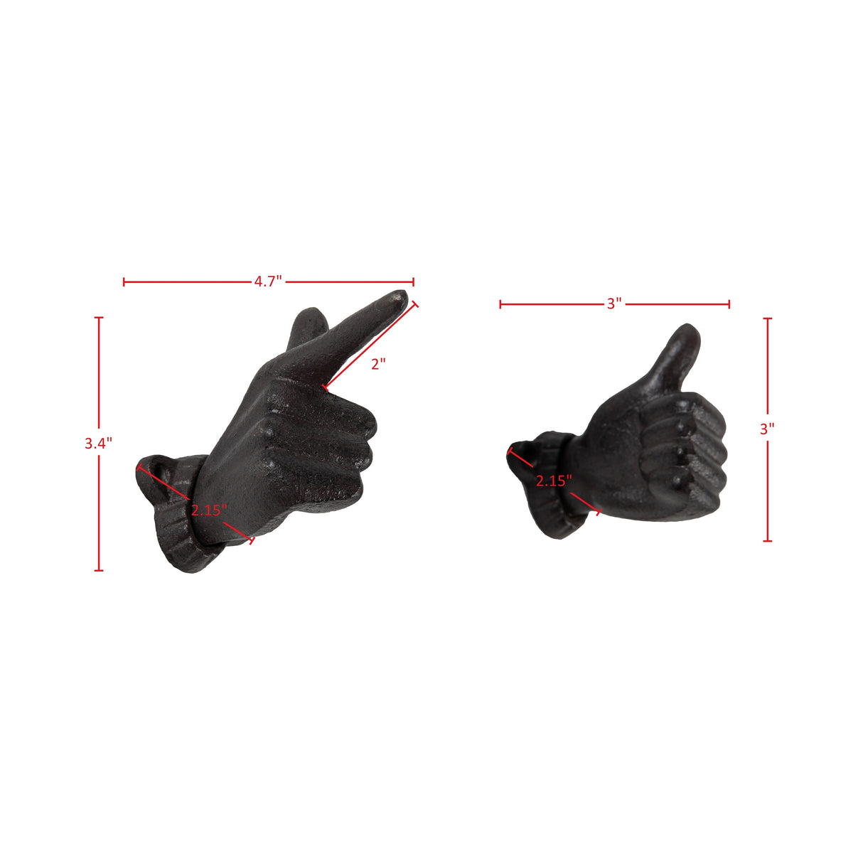 "Thumbs up & Pointing Finger" Dark Brown Cast Iron Wall Mount Hook Set (Set of 2)
