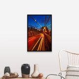 "USA, New York City, Brooklyn Bridge with light trails at dusk" Black Float Frame Canvas Art