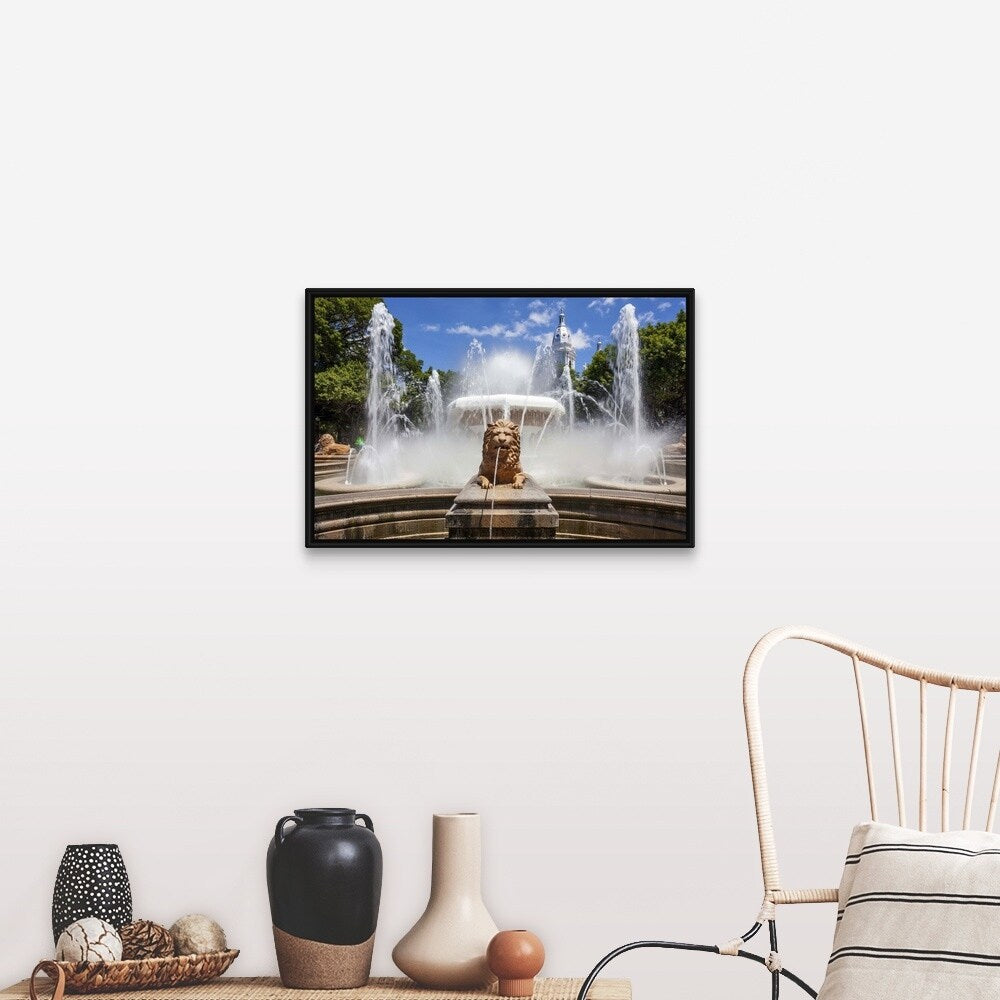 "USA, Puerto Rico, Ponce, Fountain of Lions at Plaza Las Delicias" Black Float Frame Canvas Art