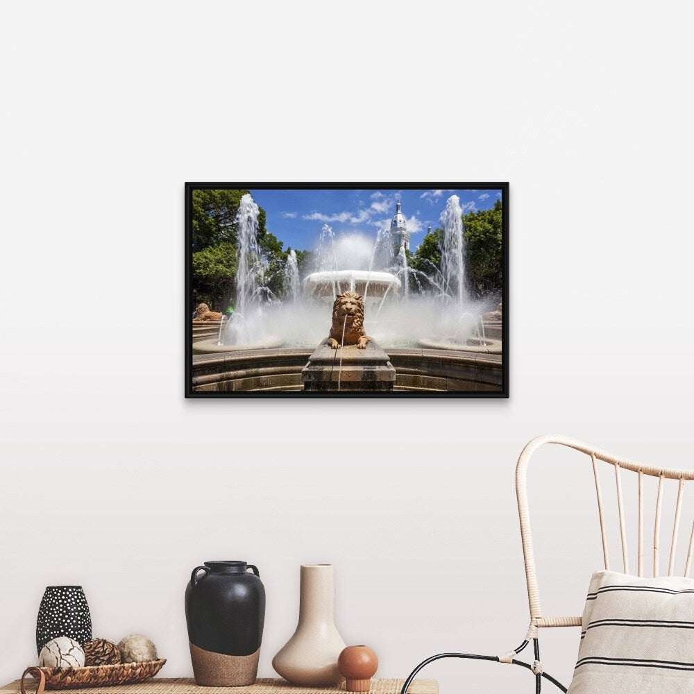 "USA, Puerto Rico, Ponce, Fountain of Lions at Plaza Las Delicias" Black Float Frame Canvas Art