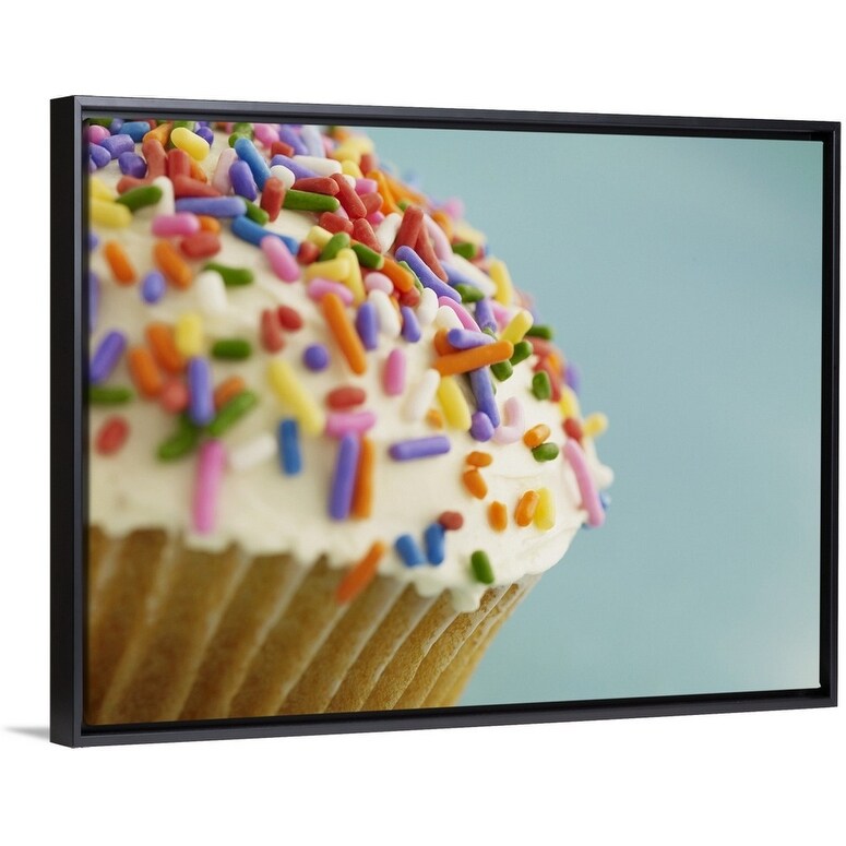"Vanilla cupcake smothered with colorful sprinkles" Black Float Frame Canvas Art