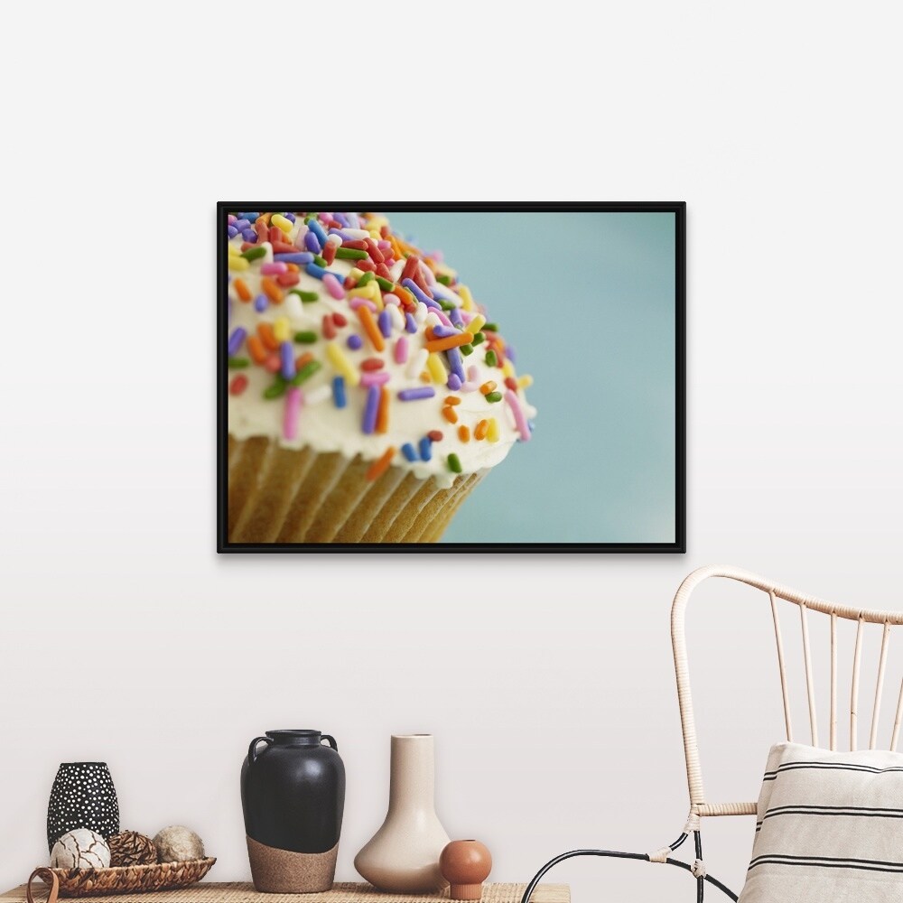 "Vanilla cupcake smothered with colorful sprinkles" Black Float Frame Canvas Art