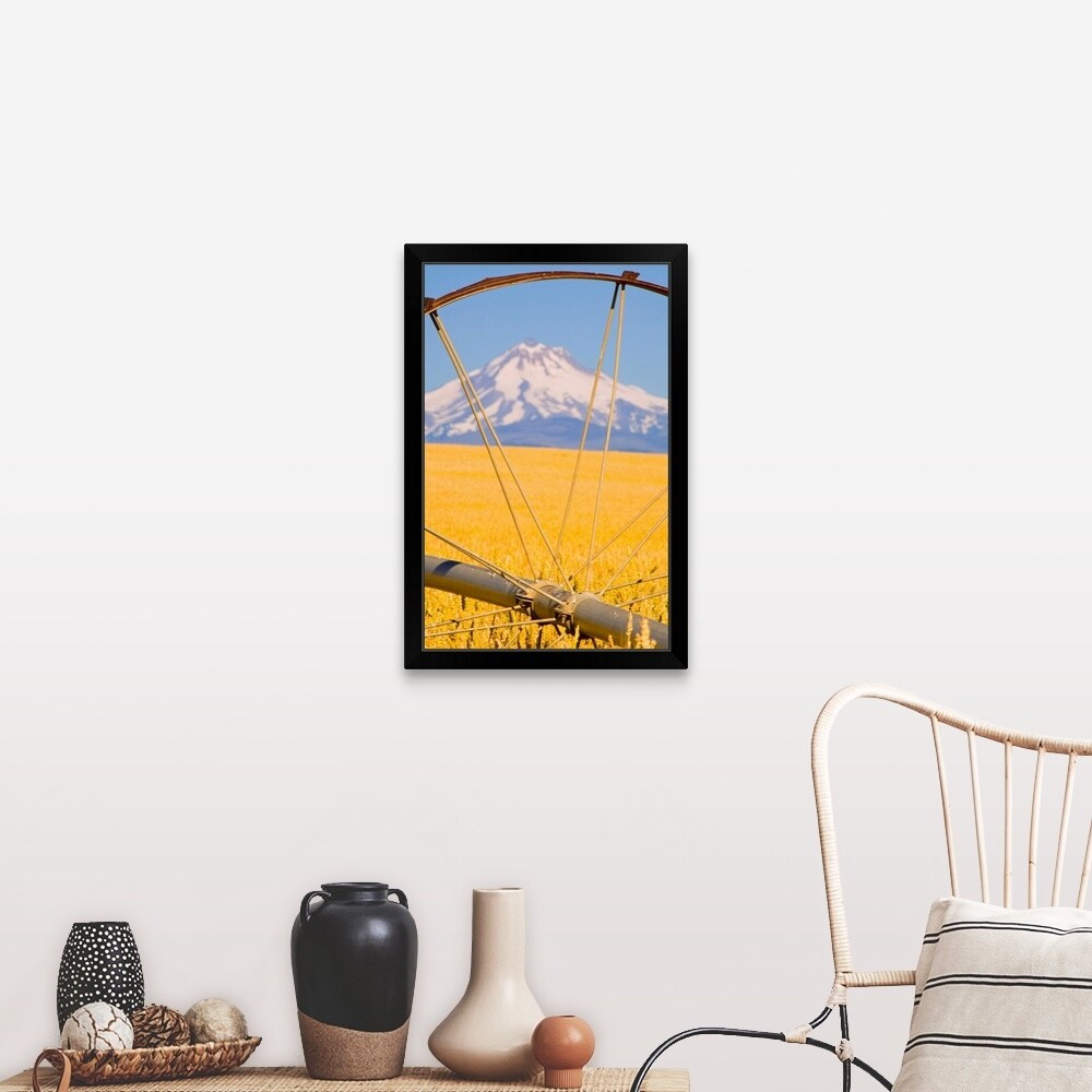 "View of Mount Hood through farming equipment, Oregon, USA" Black Framed Print