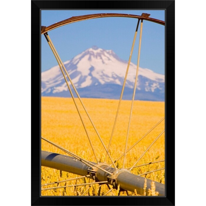 "View of Mount Hood through farming equipment, Oregon, USA" Black Framed Print