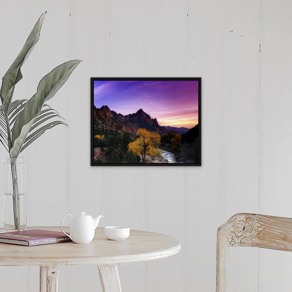 "Watchman at Sunset from Zion Valley Bridge" Black Float Frame Canvas Art