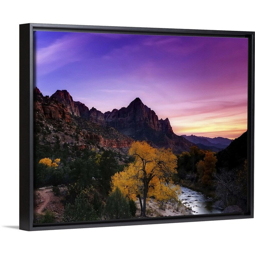 "Watchman at Sunset from Zion Valley Bridge" Black Float Frame Canvas Art