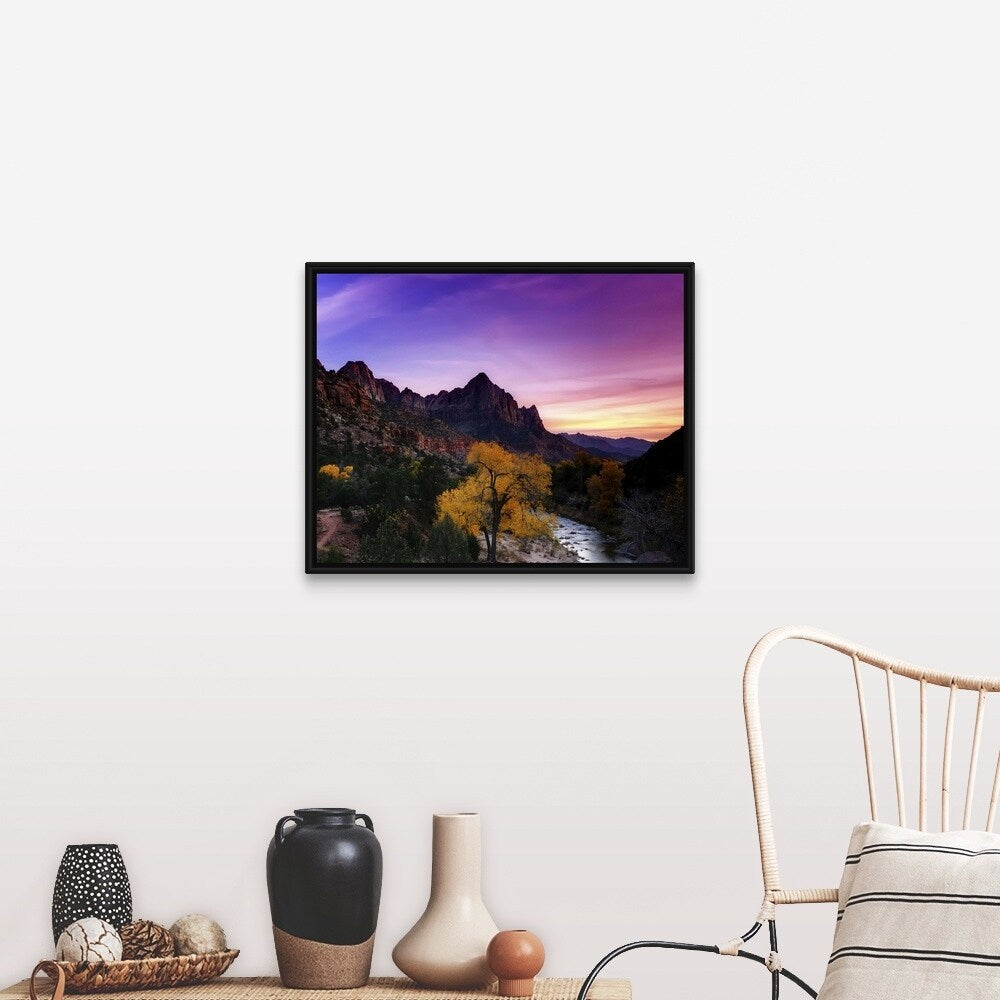 "Watchman at Sunset from Zion Valley Bridge" Black Float Frame Canvas Art