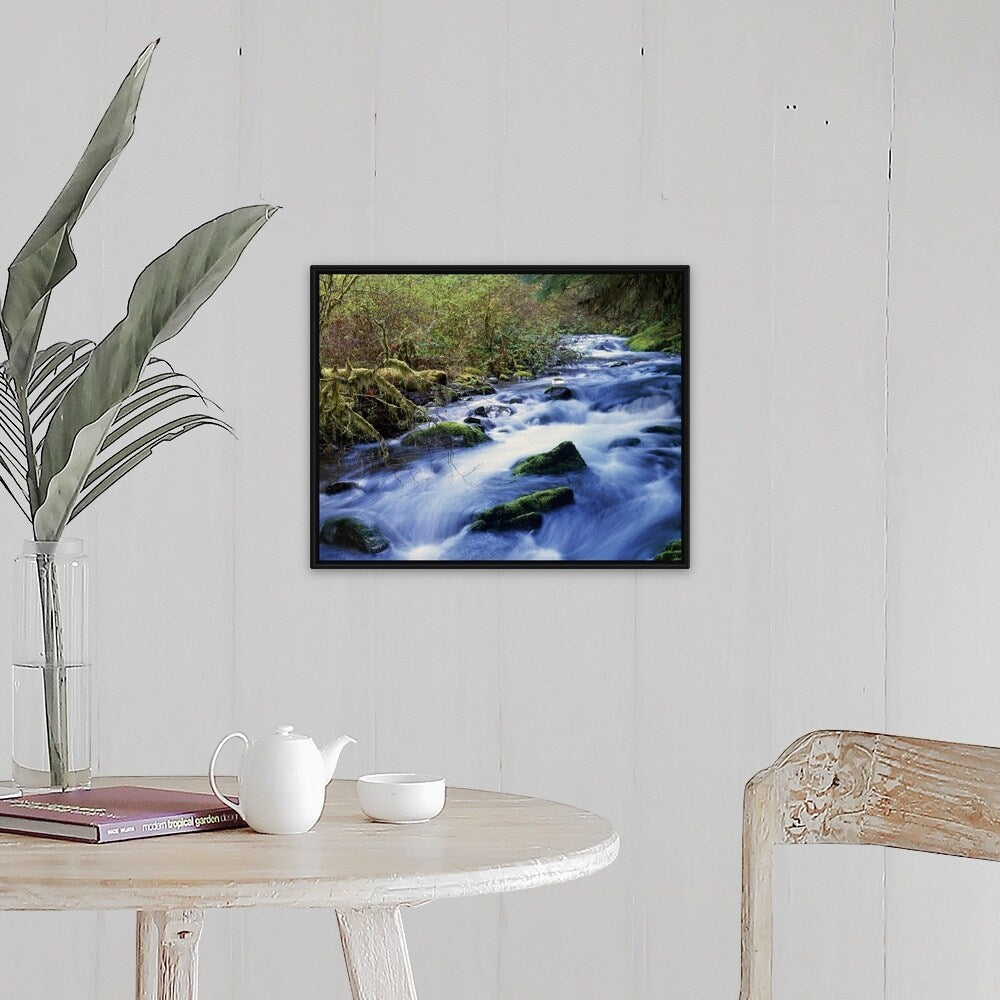 "Water Flowing Around Rocks" Black Float Frame Canvas Art