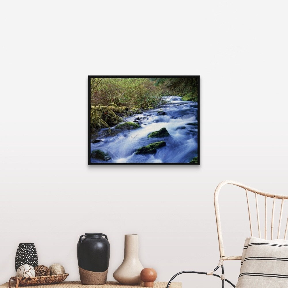 "Water Flowing Around Rocks" Black Float Frame Canvas Art