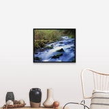 "Water Flowing Around Rocks" Black Float Frame Canvas Art