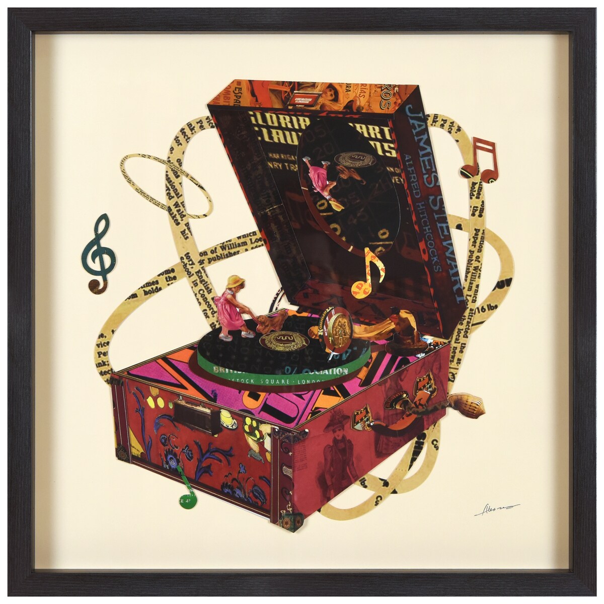 "Wind Up 78 "Alex Zeng's Signed Hand-made Dimensional Wall Art Collage, under glass and a black shadow box frame