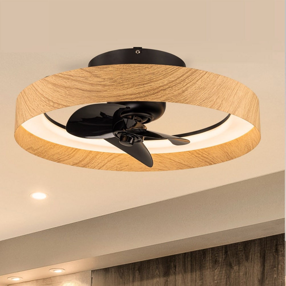 C Cattleya 22" Black and Woodgrain Farmhouse Dimmable LED Round Ceiling Fan with Remote Control