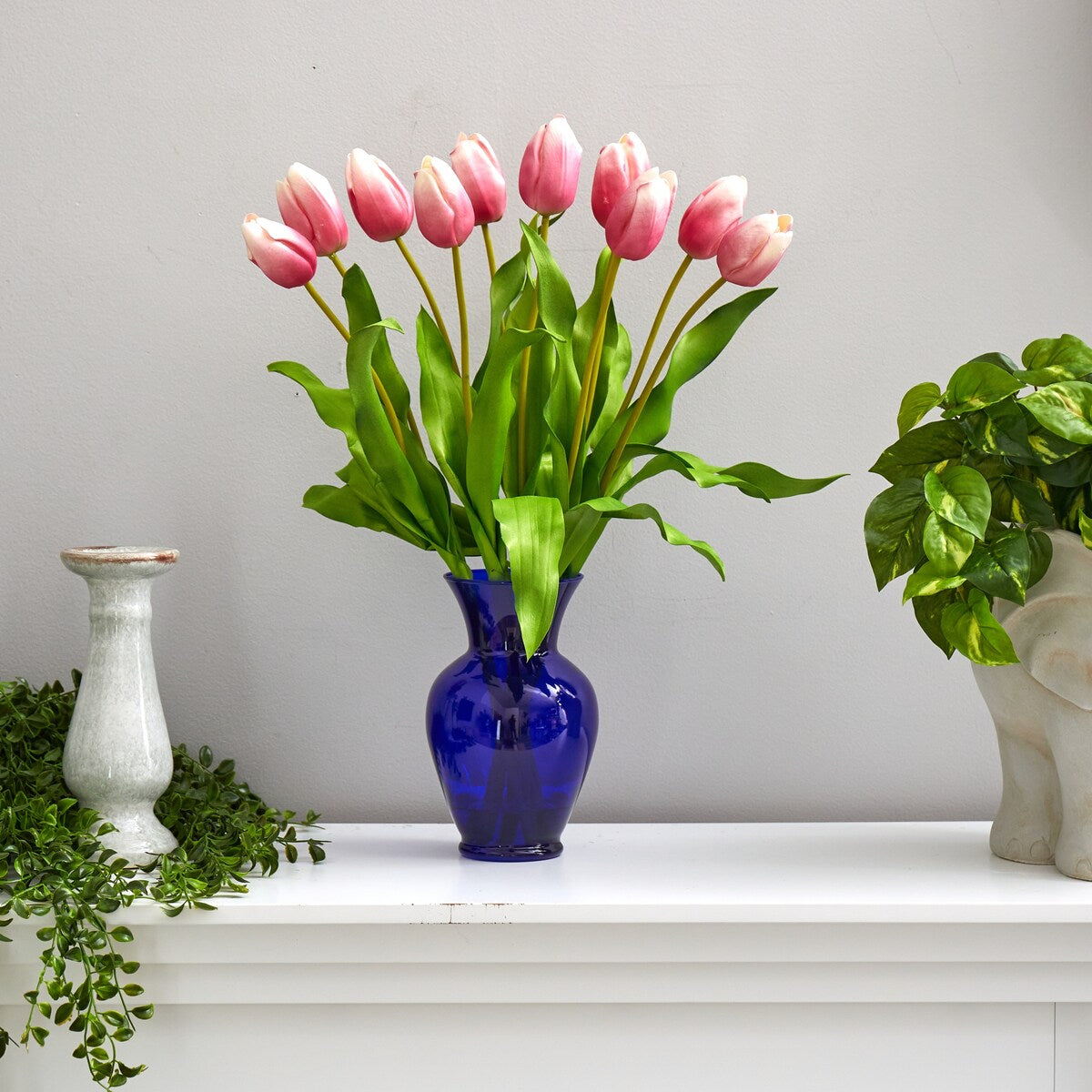 22" Dutch Tulip Artificial Arrangement in Blue Colored Vase